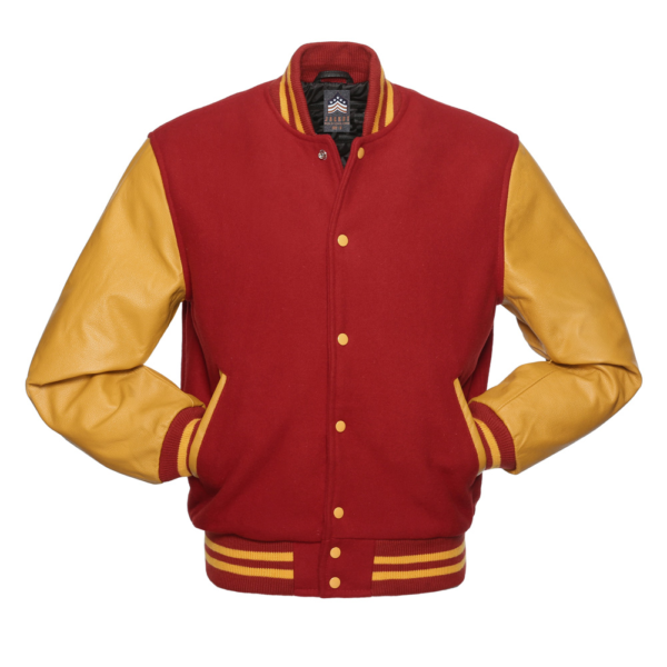 Letterman Jacket Red Wool Body Gold Leather Sleeves Varsity Jacket