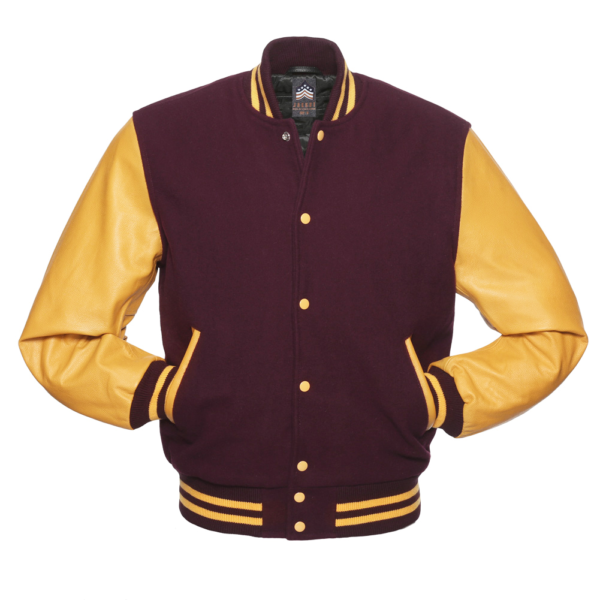 Letterman Jacket Maroon Wool Body Gold Leather Sleeves Varsity Jacket