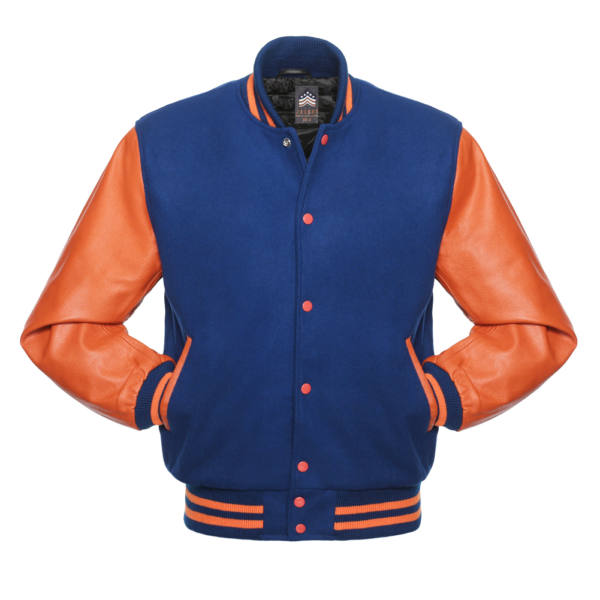 Letterman Jacket Royal Blue Wool Body Orange Leather Sleeves Varsity Jacket