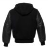 Varsity Jacket Hoodie Black Wool Body Black Leather Sleeves Varsity Jacket