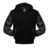 Varsity Jacket Hoodie Black Wool Body Black Leather Sleeves Varsity Jacket