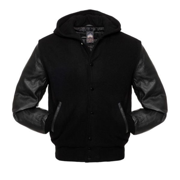 Varsity Jacket Hoodie Black Wool Body Black Leather Sleeves Varsity Jacket