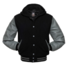 Varsity Jacket Hoodie Black Wool Body Grey Leather Sleeves Varsity Jacket