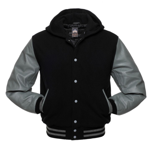 Varsity Jacket Hoodie Black Wool Body Grey Leather Sleeves Varsity Jacket