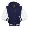 Varsity Jacket Hoodie Navy Blue Wool Body White Leather Sleeves Varsity Jacket