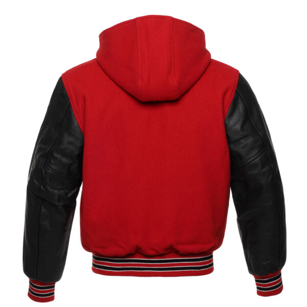 Varsity Jacket Hoodie Red Wool Body Black Leather Sleeves Varsity Jacket