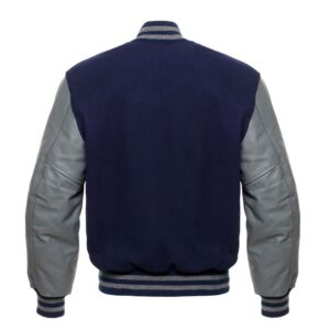 Varsity Jacket Navy Blue Wool Body Grey Leather Sleeves Varsity Jacket