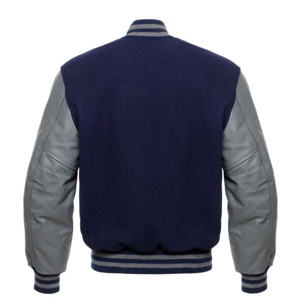 Varsity Jacket Navy Blue Wool Body Grey Leather Sleeves Varsity Jacket