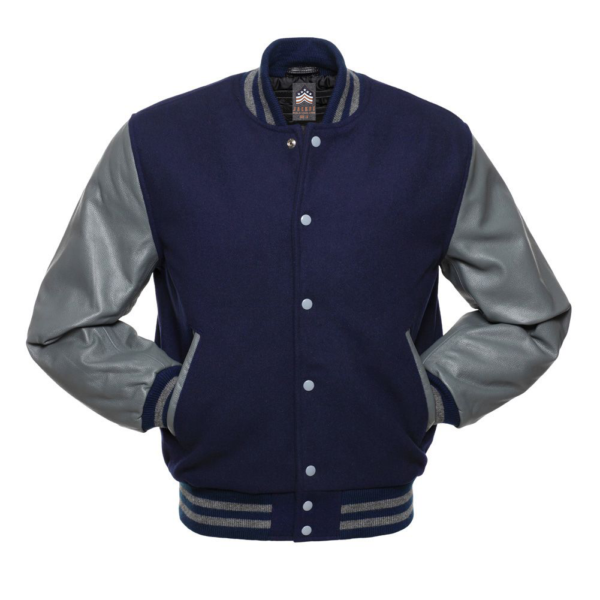 Varsity Jacket Navy Blue Wool Body Grey Leather Sleeves Varsity Jacket