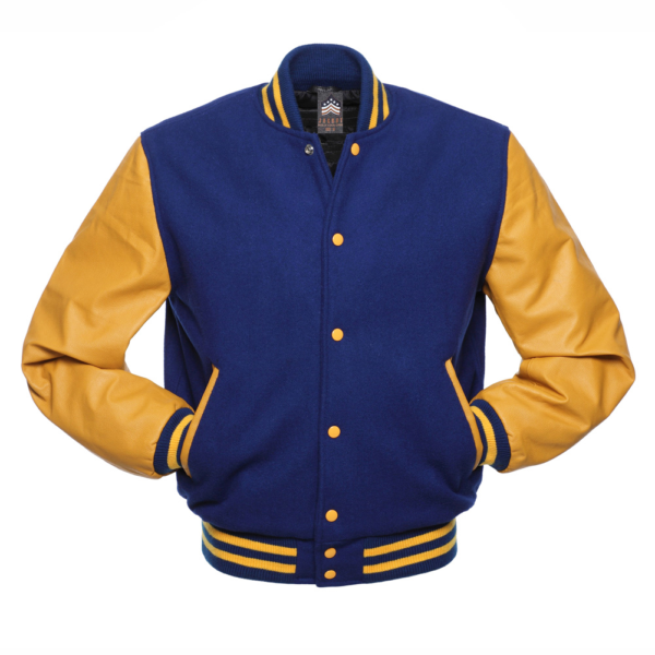 Varsity Jacket Royal Wool Body Gold Leather Sleeves Varsity Jacket