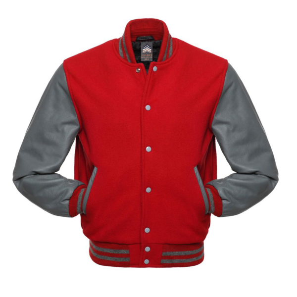 Varsity Jacket Scarlet Red Wool Body Grey Leather Sleeves Varsity Jacket