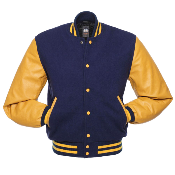 Varsity Jacket Vavy Blue Wool Body Gold Leather Sleeves Varsity Jacket