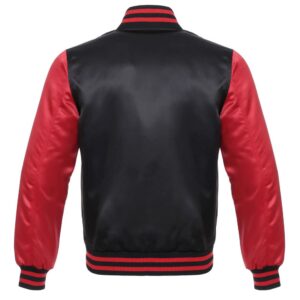 Letterman Jacket Black Satin Body and Red Sleeves Red Trim Varsity Jacket