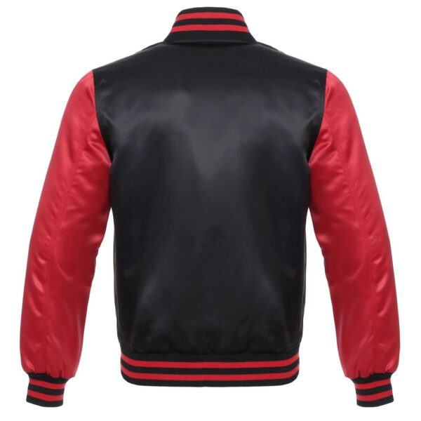 Letterman Jacket Black Satin Body and Red Sleeves Red Trim Varsity Jacket