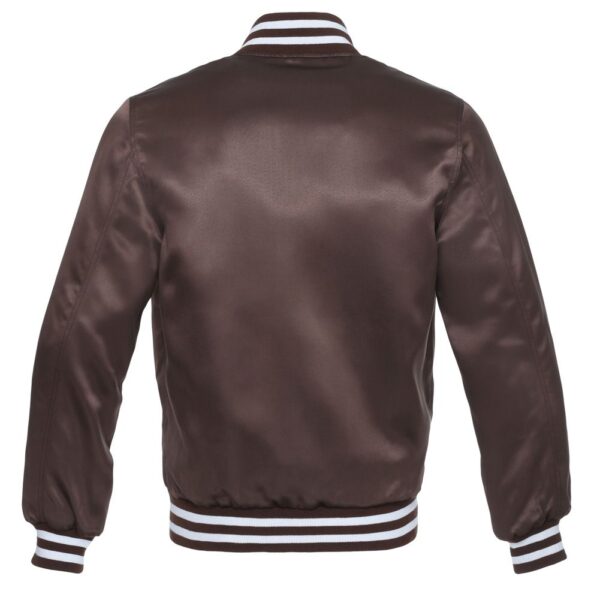 Letterman Jacket Brown Satin Body and Sleeves White Trim Varsity Jacket