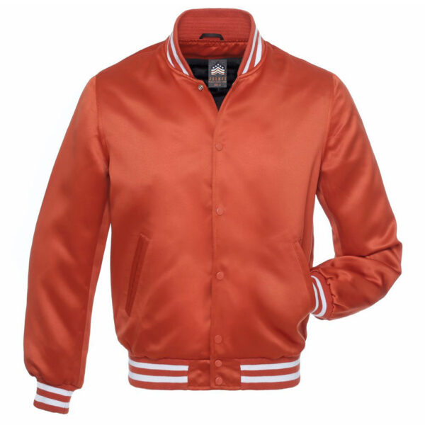 Letterman Jacket Orange Satin Body and Sleeves White Trim Varsity Jacket