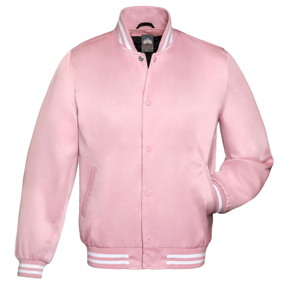 Letterman Jacket Pink Satin Body and Sleeves White Trim Varsity Jacket