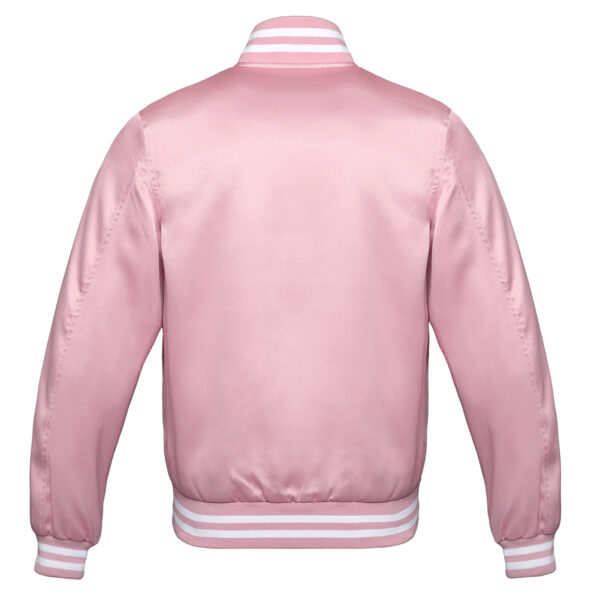 Letterman Jacket Pink Satin Body and Sleeves White Trim Varsity Jacket