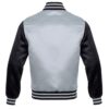 Letterman Jacket Silver Satin Body and Black Sleeves Silver Trim Varsity Jacket