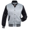 Letterman Jacket Silver Satin Body and Black Sleeves Silver Trim Varsity Jacket