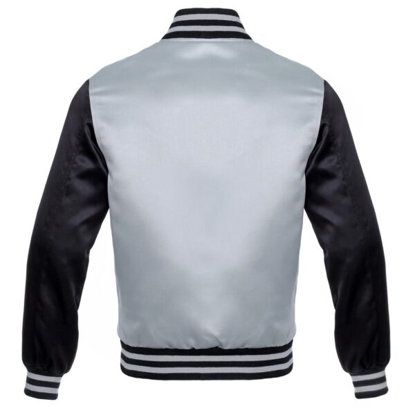 Letterman Jacket Silver Satin Body and Black Sleeves Silver Trim Varsity Jacket