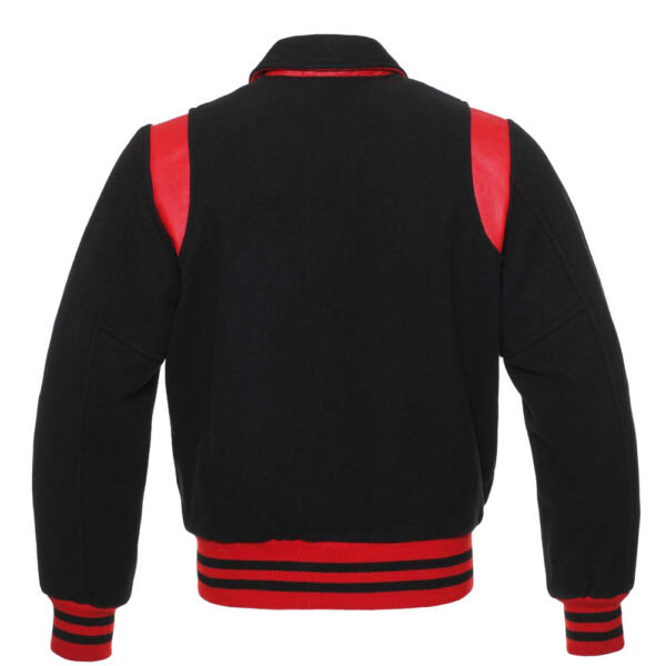 Letterman Jacket Retro Black Wool Body Black Leather Sleeves Red Shoulder Inserts Varsity Jacket