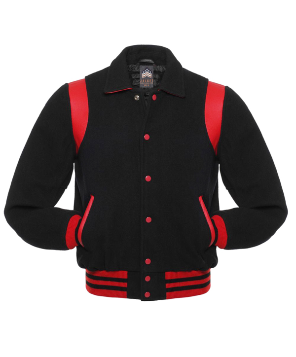 Letterman Jacket Retro Black Body Black Leather Sleeves Red Shoulder Inserts Varsity Jacket