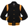 Letterman Jacket Retro Black Wool Body Black Leather Sleeves Gold Shoulder Inserts Varsity Jacket