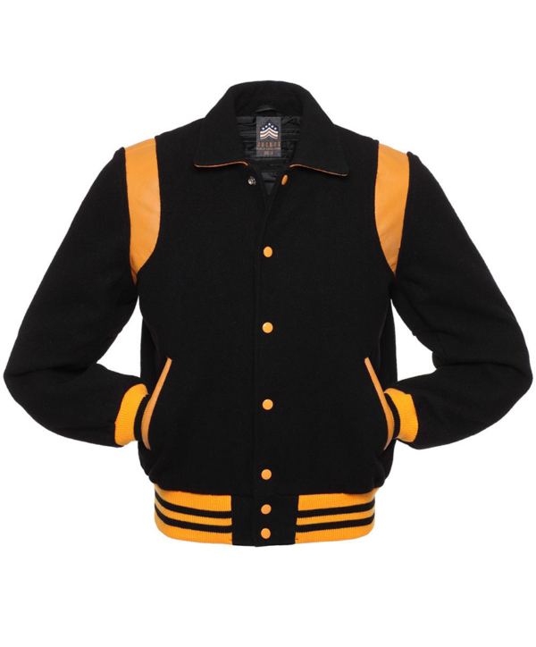 Letterman Jacket Retro Black Wool Body Black Leather Sleeves Gold Shoulder Inserts Varsity Jacket