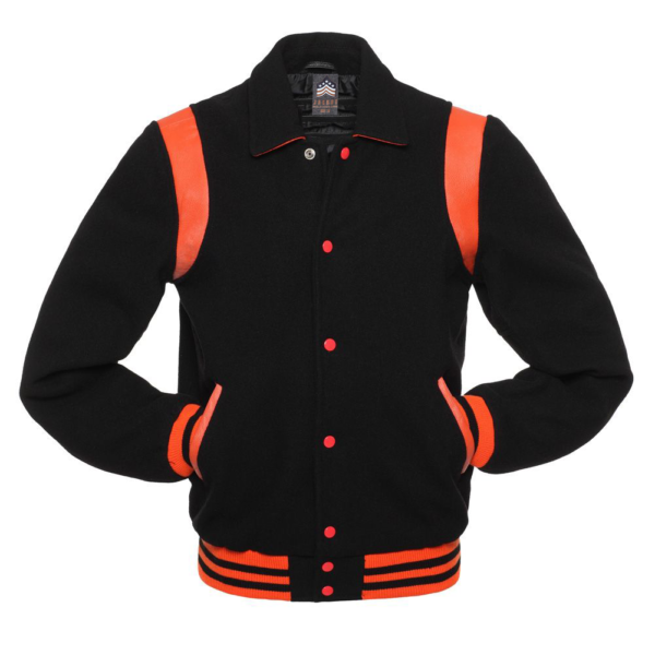 Letterman Jacket Retro Black Wool Body Black Leather Sleeves Orange Shoulder Inserts Varsity Jacket