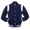 Letterman Jacket Retro Navy Blue Wool Body Black Leather Sleeves White Shoulder Inserts Varsity Jacket