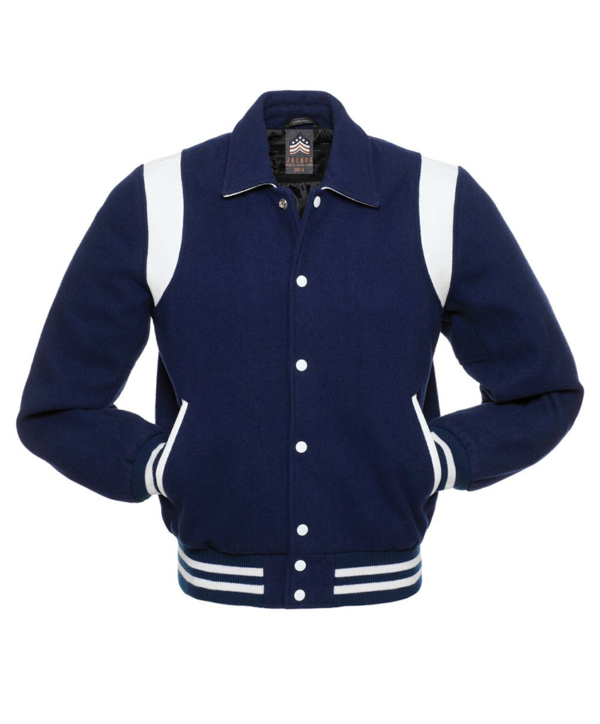 Letterman Jacket Retro Navy Blue Wool Body Black Leather Sleeves White Shoulder Inserts Varsity Jacket