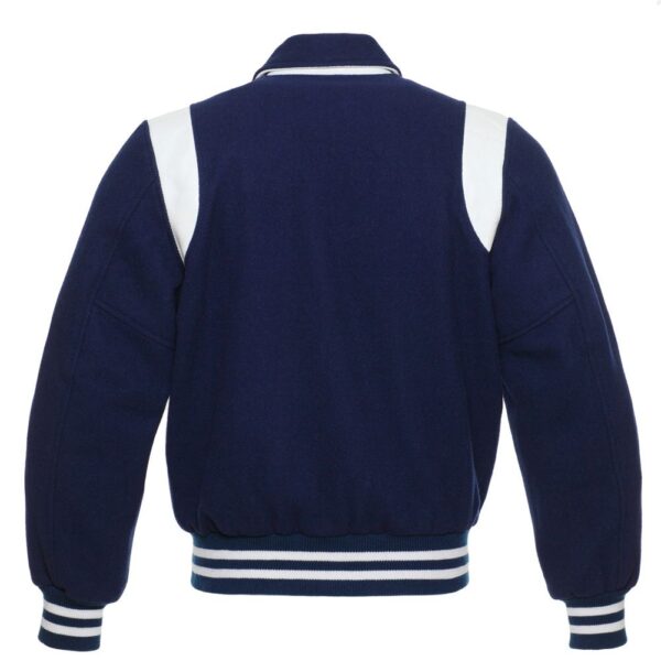 Letterman Jacket Retro Navy Blue Wool Body Black Leather Sleeves White Shoulder Inserts Varsity Jacket