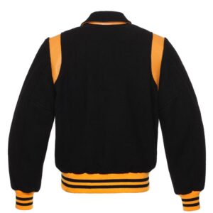 Letterman Jacket Retro Black Wool Body Wool Black Leather Sleeves Gold Shoulder Inserts Varsity Jacket